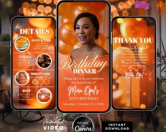 Editable Birthday Dinner Video Invitation, Animated Birthday Dinner Invite ,Dinner Party Invite, Orange Birthday Invite, Canva Template