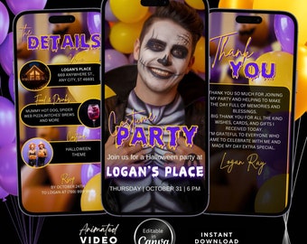 Halloween Costume Party Animated Invitation, Editable Canva Template for Spooky Celebrations, Halloweener Costume, Purple and Yellow Theme