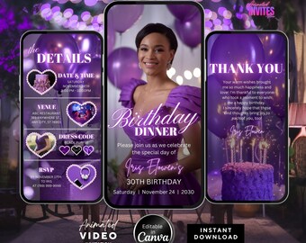 Editable Birthday Dinner Video Invitation, Animated Birthday Dinner Invite ,Dinner party invite, Purple Birthday Invite, Canva Template