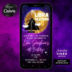 May include: A purple and black animated video invitation for a 40th birthday party. The invitation features a Libra zodiac symbol with a gold moon and stars. The text reads "It's Libra Seasons, Join us for a chic celebration of peace and harmony on Luna Seraphine's 40th Birthday! 19.10.2039, 9 PM, 789 Anywhere St., Any City, RSVP (789) 999-9999".