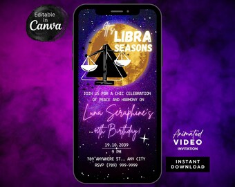 Libra Birthday Animated Video Invitation,Zodiac Birthday Party Invite,Customizable Digital Invitation for Libra Celebration,Astrology Invite