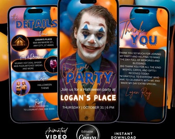 Halloween Costume Party Animated Invitation, Editable Canva Template for Spooky Celebrations, Halloweener Costume, Blue and Orange Theme