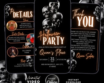 Editable Halloween Party Animated Invitation, Spooky Skull Design, Skull halloweener, Skeletonful, Skeletone halloween, Canva Template