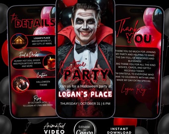 Halloween Costume Party Animated Invitation, Editable Canva Template for Spooky Celebrations, Halloweener Costume, Red and Black Theme