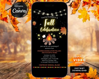 May include: Animated video invitation for a fall celebration with a campfire, stars, and the text "You're Invited to a Fall Celebration". The invitation includes details about the event, including the date, time, location, and RSVP information. The text "Hosted by Kendall Blaze" is at the bottom of the invitation.