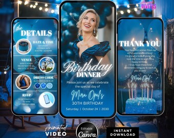 Editable Birthday Dinner Video Invitation, Animated Birthday Dinner Invite ,Dinner Party Invite, Blue Birthday Invite, Canva Template