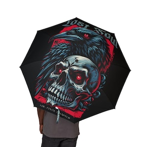 Gothic Crow Art Umbrella, Unique Skull Design, Semi-Automatic Foldable Umbrella for Rain, Stylish Gift, Halloween Decor