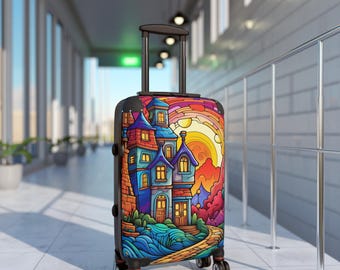 Colorful Travel Suitcase with Whimsical House Design