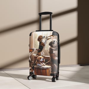 Maleta con temática de perros y mascotas musicales, equipaje de viaje, equipaje de mano para amantes de las mascotas, regalo único para dueños de perros, equipo de viaje divertido y funcional.