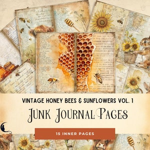 Vintage Bienen Junk Journal Seiten | Sonnenblumen-Hasen-Journal-Papier | Junk Journal Kit | Einmachglas | Junk Journal Printable | Collage Blätter
