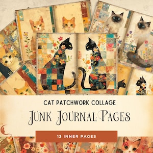 Cats Vintage Patchwork Junk Journal Papers | Colcha de retalhos | Kit de scrapbook digital | Páginas de diário de gatos vintage | Patchwork de blocos de peças