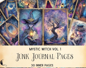 May include: A collection of illustrated junk journal pages with a mystical witch theme. The pages feature fantasy art with witches, a tree with hanging lights, and other magical elements. The text on the pages reads "Mystic Witch Vol. 1" and "Junk Journal Pages".