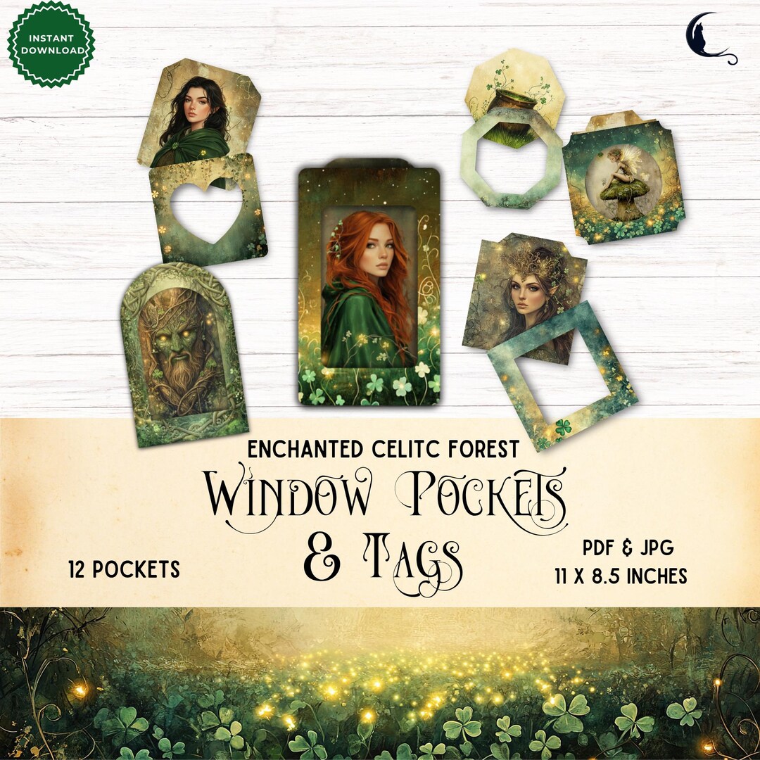 Enchanted Celtic Forest Window Pockets & Tags, Printable Junk Journal ...