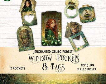 May include: A collection of Enchanted Celtic Forest window pockets and tags featuring illustrations of forest figures, fairies, and foliage. The set includes 12 pockets in PDF and JPG formats, measuring 11 by 8.5 inches, with green and gold tones.