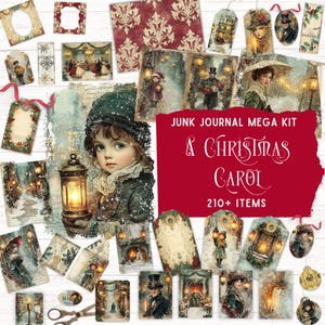 May include: A collection of vintage-style Christmas ephemera, including tags, cards, and patterned paper. The central image features a child holding a lantern, with the text "A Christmas Carol" and "210+ ITEMS" on a red background. The overall theme is a Victorian Christmas.