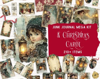 Un kit de journal indésirable avec un chant de Noël, papier de scrapbooking vintage vacances victoriennes, éphémères inspirés de Charles Dickens, folio de poche imprimable