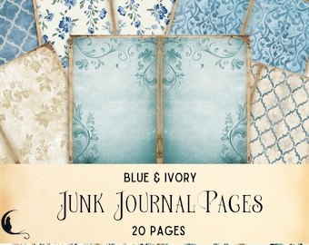 Blue & Ivory Junk Journal Pages, Vintage Digital Scrapbook Paper Backgrounds, Printable Shabby Chic Ephemera