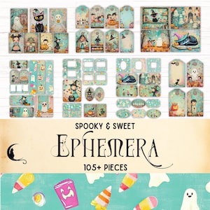 Pastel Halloween Junk Journal Ephemera Kit, Whimsical Printable Tags, Spooky & Sweet, Cute Ghosts, Witchy Digital Scrapbook, Craft Supplies