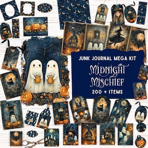 Peut inclure: Un kit de junk journal intitulé Midnight Mischief avec plus de 200 articles présentant des illustrations sur le thème d'Halloween de fantômes, sorcières, citrouilles, chats noirs et maisons hantées dans des tons bleu foncé et orange.
