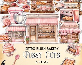 May include: A collection of die-cut stickers featuring a bakery theme with pink ovens, stand mixers, cakes, pastries, and storefronts. The text reads RETRO BLUSH BAKERY FUSSY CUTS 6 PAGES. These illustrations include various baked goods, kitchen tools, and shop facades in shades of pink, cream, and brown.