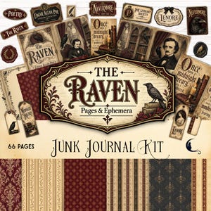 Könnte beinhalten: Ein Junk-Journal-Set mit 66 Seiten Ephemera zum Thema Edgar Allan Poe und Der Rabe. Enthält dekorative Anhänger, Etiketten und gemustertes Papier in Burgunderrot, Creme und Schwarz mit Vintage-Illustrationen von Raben und Büchern.