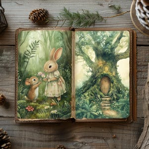 May include: An open book featuring watercolor illustrations. The left page shows a rabbit in a dress and a mouse exchanging flowers in a forest. The right page depicts a large, ancient tree with a wooden door and stone steps at its base.