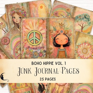 Páginas de diario basura de estilo hippie bohemio, efímeras bohemias extravagantes, álbum de recortes digital colorido de chica hippie retro y chica peculiar, suministros de artesanía únicos