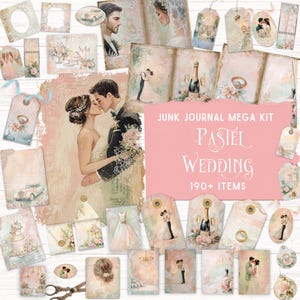 Kit de journal indésirable mariage pastel, kit folio imprimable, éphémères shabby Chic, scrapbooking numérique romantique vintage, collage de mariage de plage