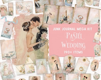 May include: A digital scrapbooking kit with over 190 pastel colored images for wedding themed projects. The kit includes tags, papers, and illustrations of wedding rings, flowers, and a bride and groom.