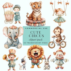 Imágenes prediseñadas de animales de circo lindos, decoración de guardería con acuarela, baby shower, descarga digital, uso comercial, perfecto para manualidades de bricolaje para fiestas infantiles PNG