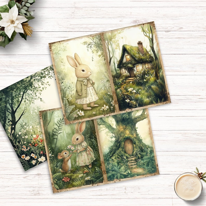 May include: A collection of four rectangular paper prints featuring illustrations of rabbits in clothing, a small cottage with a mossy roof, a tree with a wooden door, and a forest scene with flowers, all rendered in soft green and brown tones.