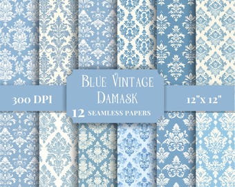 Seamless Dusty Blue Damask Digital Paper, Stylish Vintage Victorian Patterns for Scrapbooking, Chic Floral Backgrounds, Craft Supplies JPG