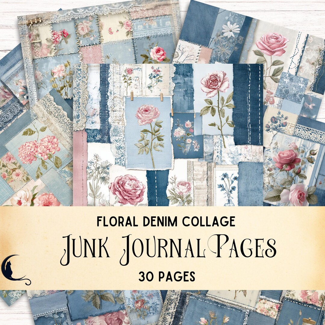 Floral Denim Collage Junk Journal Kit, Digital Printable Textured ...
