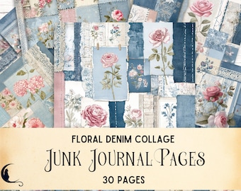 Floral Denim Collage Junk Journal Kit, Digital Printable Textured Scrapbook Paper, Vintage Ephemera, Shabby Chic Lace DIY Scrapbook Supplies