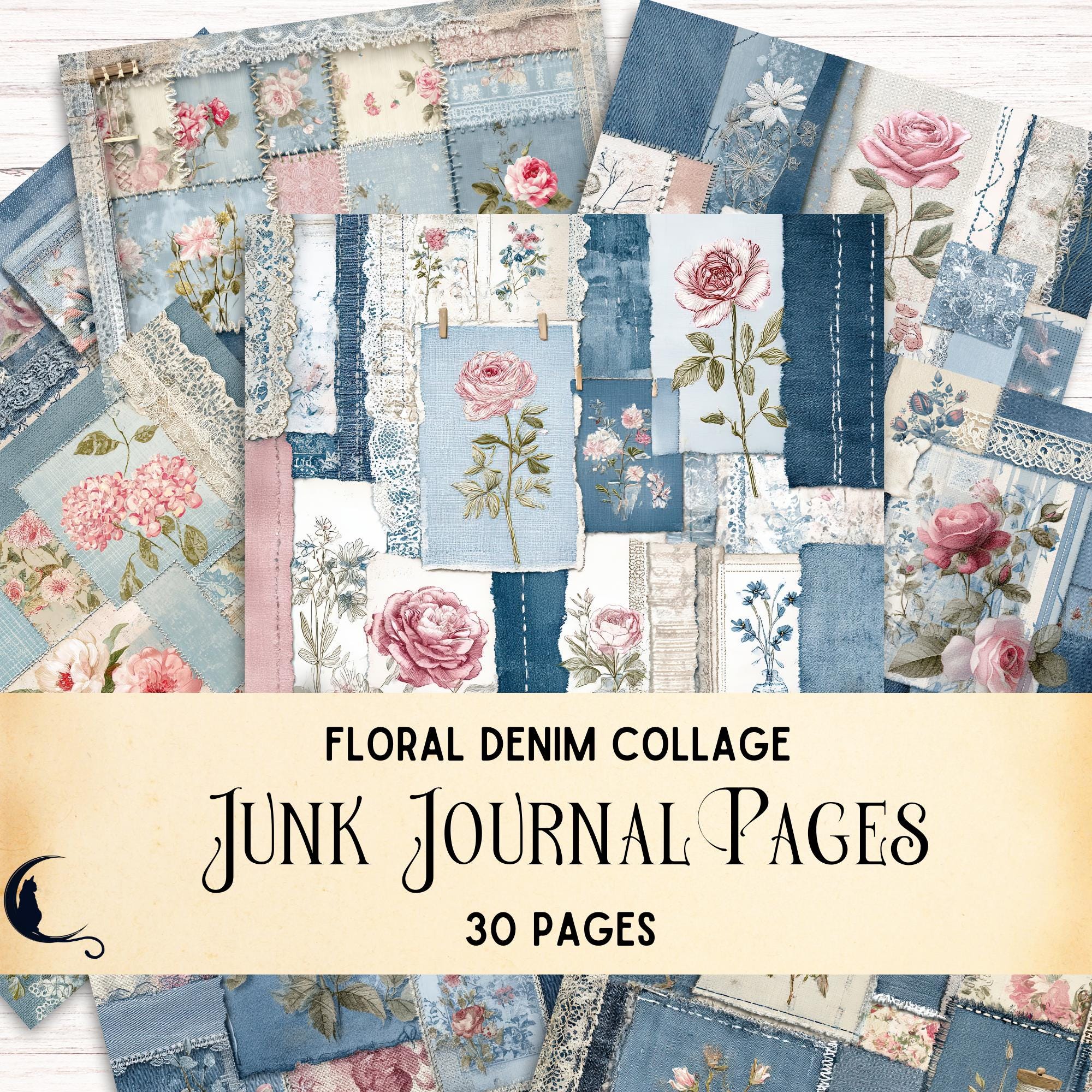 Floral Denim Collage Junk Journal Kit, Digital Printable Textured