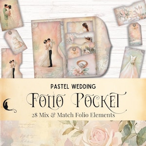 Pastel romantische bruiloft junk Journal Folio Kit, vintage afdrukbare zak kortstondig, opvouwbaar folio, shabby chic plakboekvoorraad, bloemenpapier