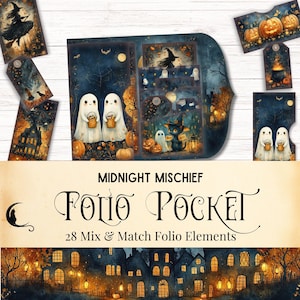 Kit de poche folio pour journal indésirable d'Halloween lunatique malice de minuit, documents éphémères imprimables, scrapbooking fantôme mignon vintage hanté fournitures d'artisanat