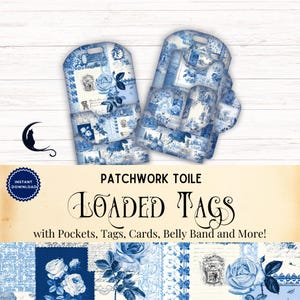 Toile patchwork Loaded-tag, afdrukbare ongewenste tijdschriftartikelen, Loaded Pocket, blauwe chinoiserie vintage bloemencollage DIY-papierversieringen
