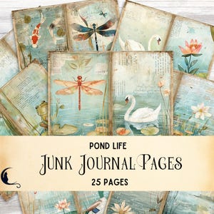 Junk Journal Kits Lagoa, papéis digitais de água de lagoa, carpas, libélulas, vaga-lumes imprimíveis, lagoa, sapos e nenúfares, itens efêmeros, cisnes