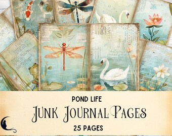 May include: A collection of junk journal pages featuring pond life illustrations including koi fish, dragonflies, swans, frogs, and lotus flowers. The designs incorporate vintage-style text, script, and watercolor textures in shades of blue and green.