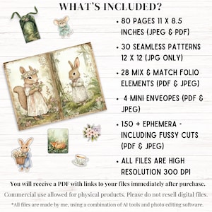 May include: A digital craft kit featuring woodland animal illustrations, including 80 pages at 11 x 8.5 inches, 30 seamless patterns at 12 x 12 inches, 28 folio elements, 4 mini envelopes, and over 150 ephemera pieces, all in 300 DPI resolution.