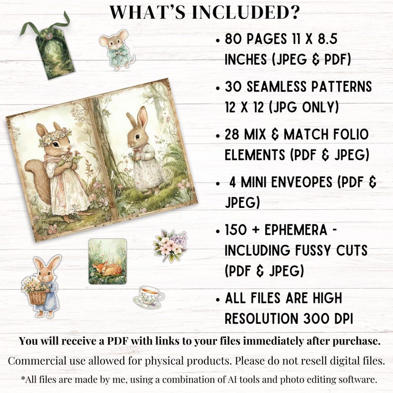 May include: A digital craft kit featuring woodland animal illustrations, including 80 pages at 11 x 8.5 inches, 30 seamless patterns at 12 x 12 inches, 28 folio elements, 4 mini envelopes, and over 150 ephemera pieces, all in 300 DPI resolution.