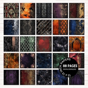 May include: A set of 88 digital papers featuring gothic and Victorian-inspired designs. The papers include various patterns, textures, and colors, such as black, red, gold, and blue. The papers are 12 x 12 inches and are perfect for scrapbooking, card making, and other crafting projects.