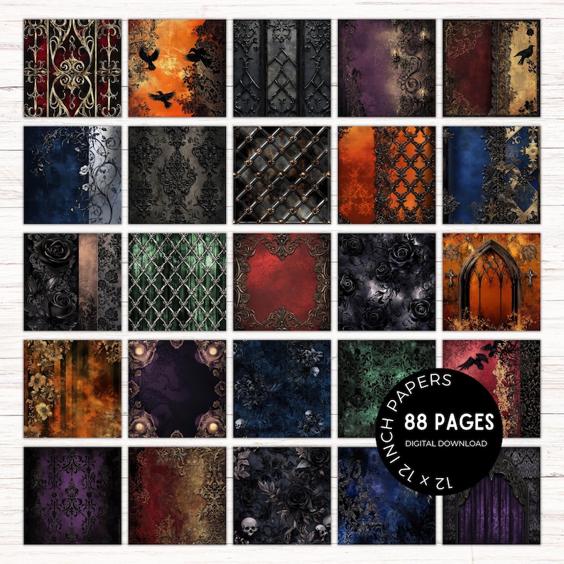May include: A set of 88 digital papers featuring gothic and Victorian-inspired designs. The papers include various patterns, textures, and colors, such as black, red, gold, and blue. The papers are 12 x 12 inches and are perfect for scrapbooking, card making, and other crafting projects.