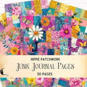 Hippie Patchwork Junk Journal Pages, Vintage Quilt Retro Collage Sheet Whimsical Colorful Digital Paper Shabby Chic Florals Background Paper