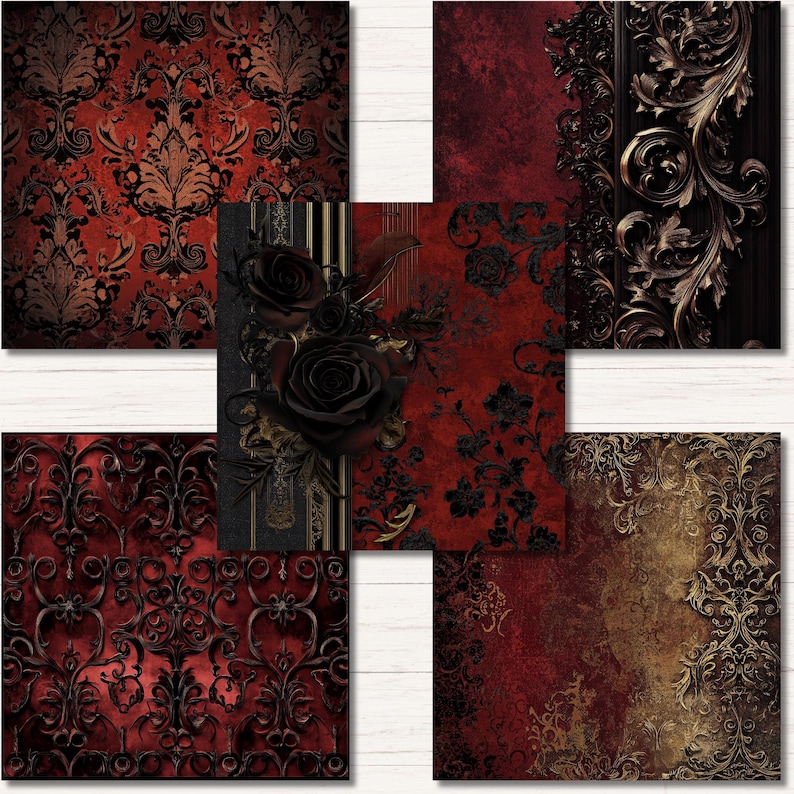 Red Black Gold Gothic Digital Paper, Dark Aesthetic Printable ...