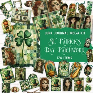 May include: A digital scrapbook kit with 170 items for St. Patrick's Day. The kit features a green, white, and gold color scheme with shamrocks, leprechauns, and other Irish symbols. The kit is perfect for creating cards, scrapbook pages, and other crafts.