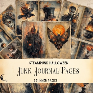Páginas de diário de Halloween gótico steampunk, papéis digitais excêntricos, itens imprimíveis para artesanato de Halloween, scrapbooking digital