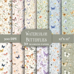 May include: A collection of 30 seamless watercolor butterfly papers, each 12" x 12", featuring various butterfly and floral designs. The papers showcase a range of colors, including pinks, blues, and greens, with the text "Watercolor Butterflies" and "30 Seamless Papers".