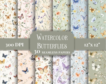 Butterfly & Wildflowers Seamless Patterns, Watercolor Digital Paper, Printable Floral Backgrounds, Scrapbooking Crafts Junk Journal Supplies